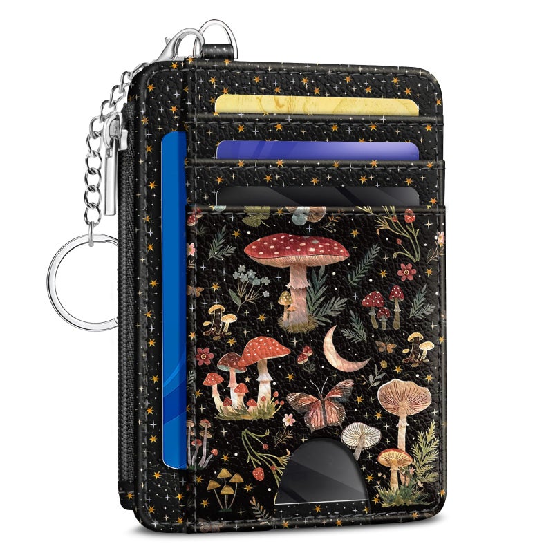 Kelvoris Mushrooms Credit Card Holder Small Wallet Women, Moon Slim RFID Blocking Wallet Woman Keychain with Zipper Coin Pocket, Front Pocket Thin Travel Card Case Organizer with ID Window Ladies Gift - Image 1