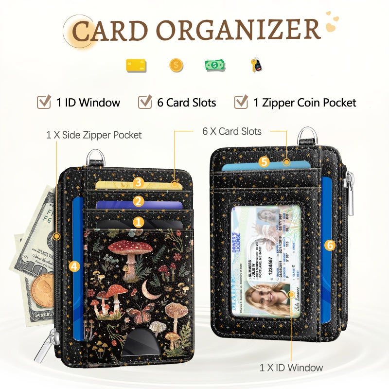Kelvoris Mushrooms Credit Card Holder Small Wallet Women, Moon Slim RFID Blocking Wallet Woman Keychain with Zipper Coin Pocket, Front Pocket Thin Travel Card Case Organizer with ID Window Ladies Gift - Image 3