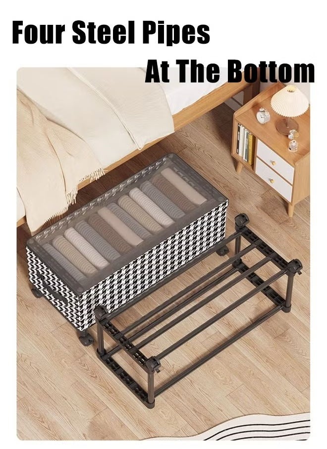XiuWoo - 57*29*30cm Under Bed Storage Box With Wheels Handles Clear Window Houndstooth Pattern Printed Large Capacity Rolling Clothes Storage Bins For Clothes Bedding Shoe Toy Houndstooth - Image 1