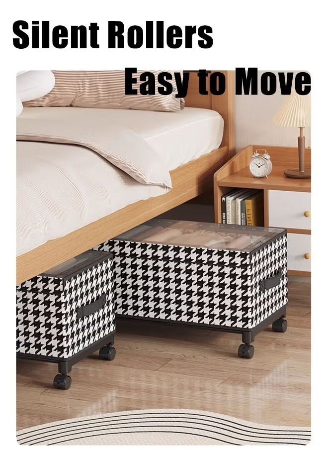 XiuWoo - 57*29*30cm Under Bed Storage Box With Wheels Handles Clear Window Houndstooth Pattern Printed Large Capacity Rolling Clothes Storage Bins For Clothes Bedding Shoe Toy Houndstooth - Image 1