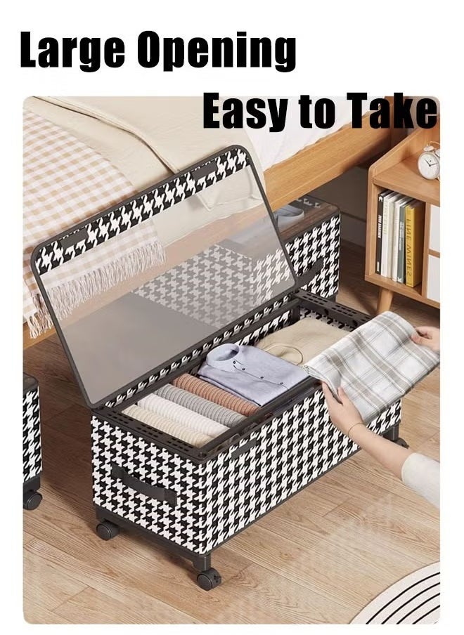 XiuWoo - 57*29*30cm Under Bed Storage Box With Wheels Handles Clear Window Houndstooth Pattern Printed Large Capacity Rolling Clothes Storage Bins For Clothes Bedding Shoe Toy Houndstooth - Image 1