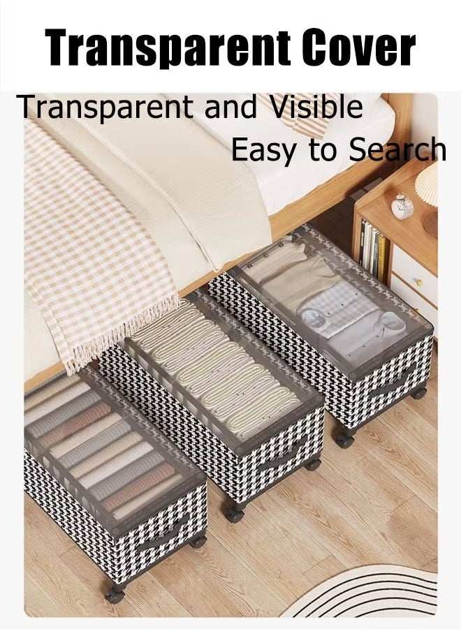 XiuWoo - 57*29*30cm Under Bed Storage Box With Wheels Handles Clear Window Houndstooth Pattern Printed Large Capacity Rolling Clothes Storage Bins For Clothes Bedding Shoe Toy Houndstooth - Image 1