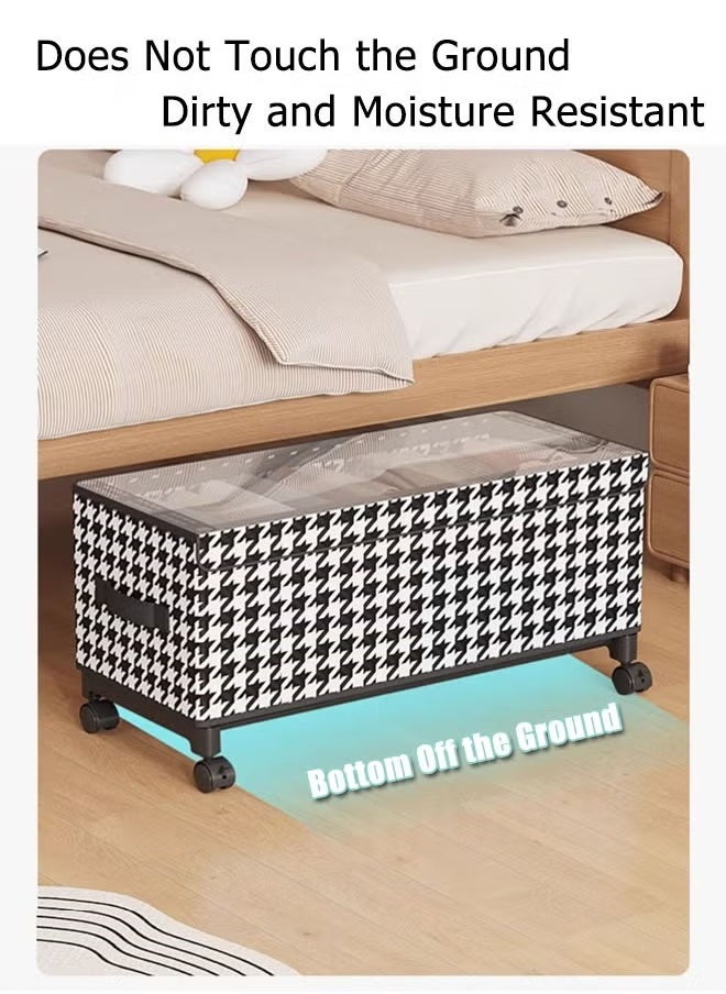 XiuWoo - 57*29*30cm Under Bed Storage Box With Wheels Handles Clear Window Houndstooth Pattern Printed Large Capacity Rolling Clothes Storage Bins For Clothes Bedding Shoe Toy Houndstooth - Image 1