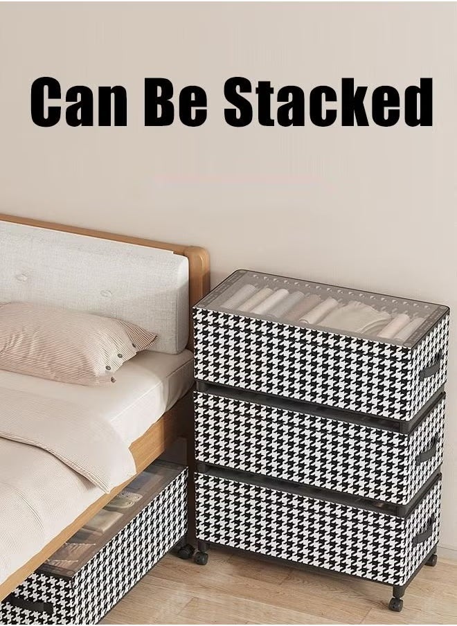 XiuWoo - 57*29*30cm Under Bed Storage Box With Wheels Handles Clear Window Houndstooth Pattern Printed Large Capacity Rolling Clothes Storage Bins For Clothes Bedding Shoe Toy Houndstooth - Image 1