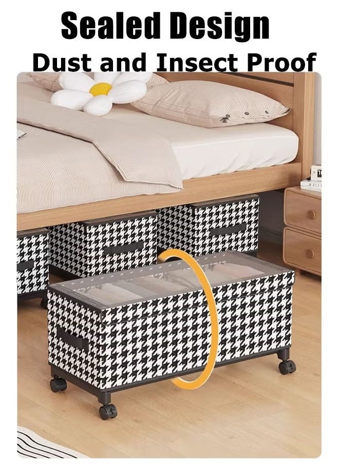 XiuWoo - 57*29*30cm Under Bed Storage Box With Wheels Handles Clear Window Houndstooth Pattern Printed Large Capacity Rolling Clothes Storage Bins For Clothes Bedding Shoe Toy Houndstooth - Image 1