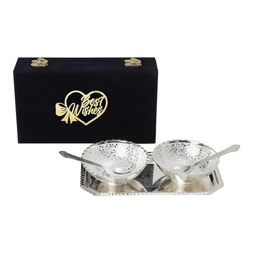INTERNATIONAL GIFT® German Silver Round Bowl Spoon Tray Or Carry Bag with Best Wishes Tag | German Silver Metal Suitable for Gifting, Serving, Home Décor and Pooja - Image 2