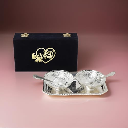 INTERNATIONAL GIFT® German Silver Round Bowl Spoon Tray Or Carry Bag with Best Wishes Tag | German Silver Metal Suitable for Gifting, Serving, Home Décor and Pooja - Image 1