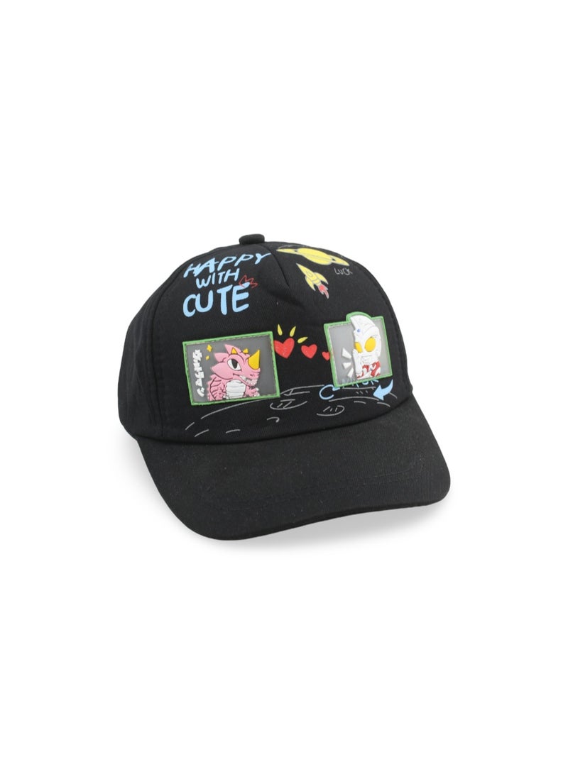 Fancy Unisex Cotton Cap – Black with "Happy with Cute" Design - Image 3