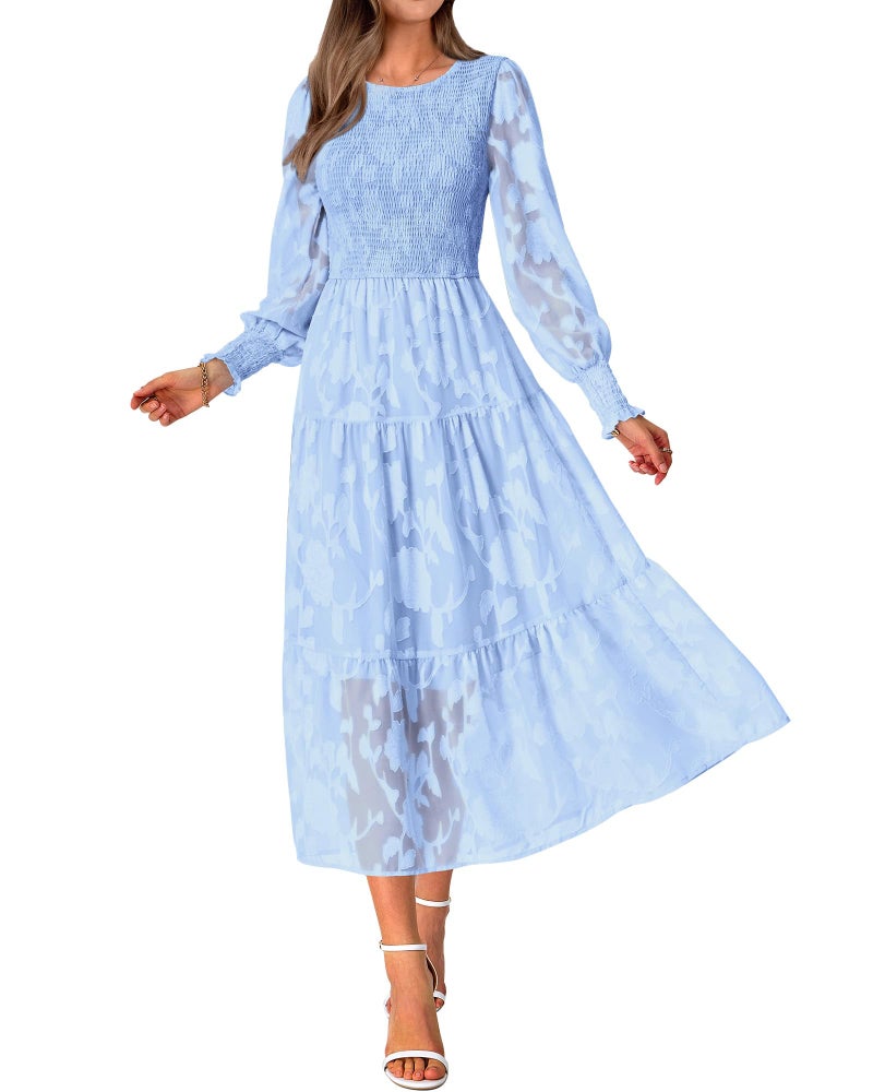 BTFBM Wedding Guest Dresses for Women Fall Fashion 2025 Casual Long Sleeve Floral Maxi Boho Homecoming Dress(Blue,Small) - Image 1