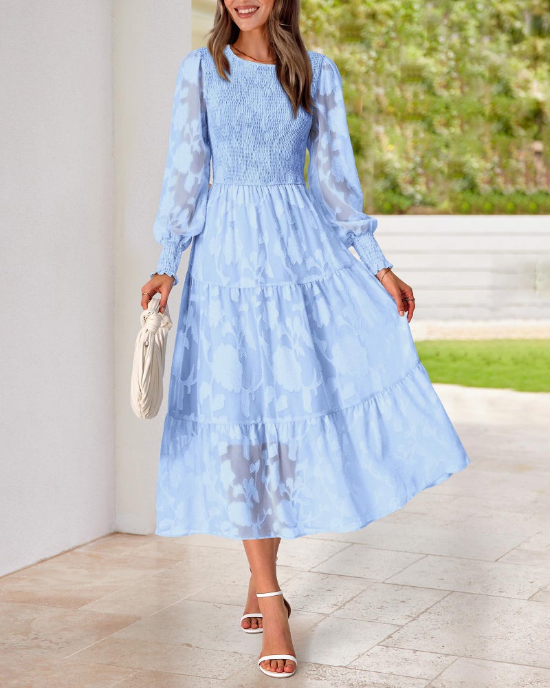 BTFBM Wedding Guest Dresses for Women Fall Fashion 2025 Casual Long Sleeve Floral Maxi Boho Homecoming Dress(Blue,Small) - Image 4