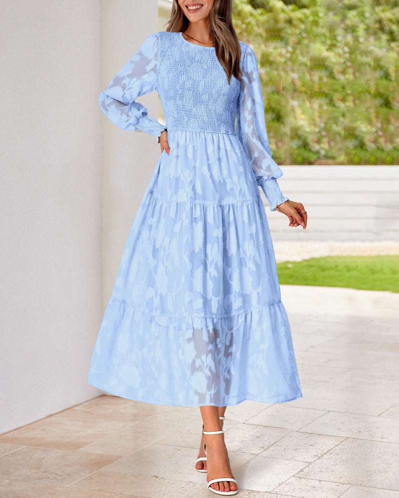 BTFBM Wedding Guest Dresses for Women Fall Fashion 2025 Casual Long Sleeve Floral Maxi Boho Homecoming Dress(Blue,Small) - Image 2