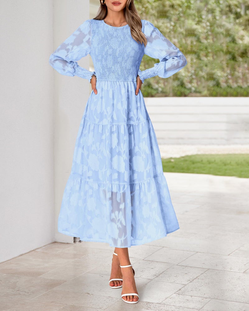 BTFBM Wedding Guest Dresses for Women Fall Fashion 2025 Casual Long Sleeve Floral Maxi Boho Homecoming Dress(Blue,Small) - Image 3