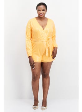 In the style Women Sequins Details Long Sleeves Belted Playsuit, Orange  - Image 2