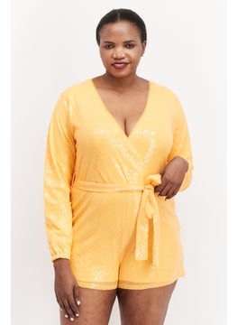 In the style Women Sequins Details Long Sleeves Belted Playsuit, Orange  - Image 1