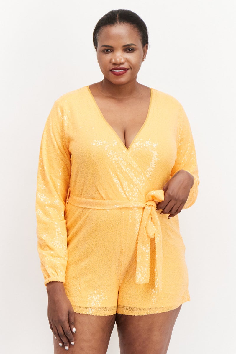 In the style Women Sequins Details Long Sleeves Belted Playsuit, Orange  - Image 1