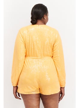 In the style Women Sequins Details Long Sleeves Belted Playsuit, Orange  - Image 3