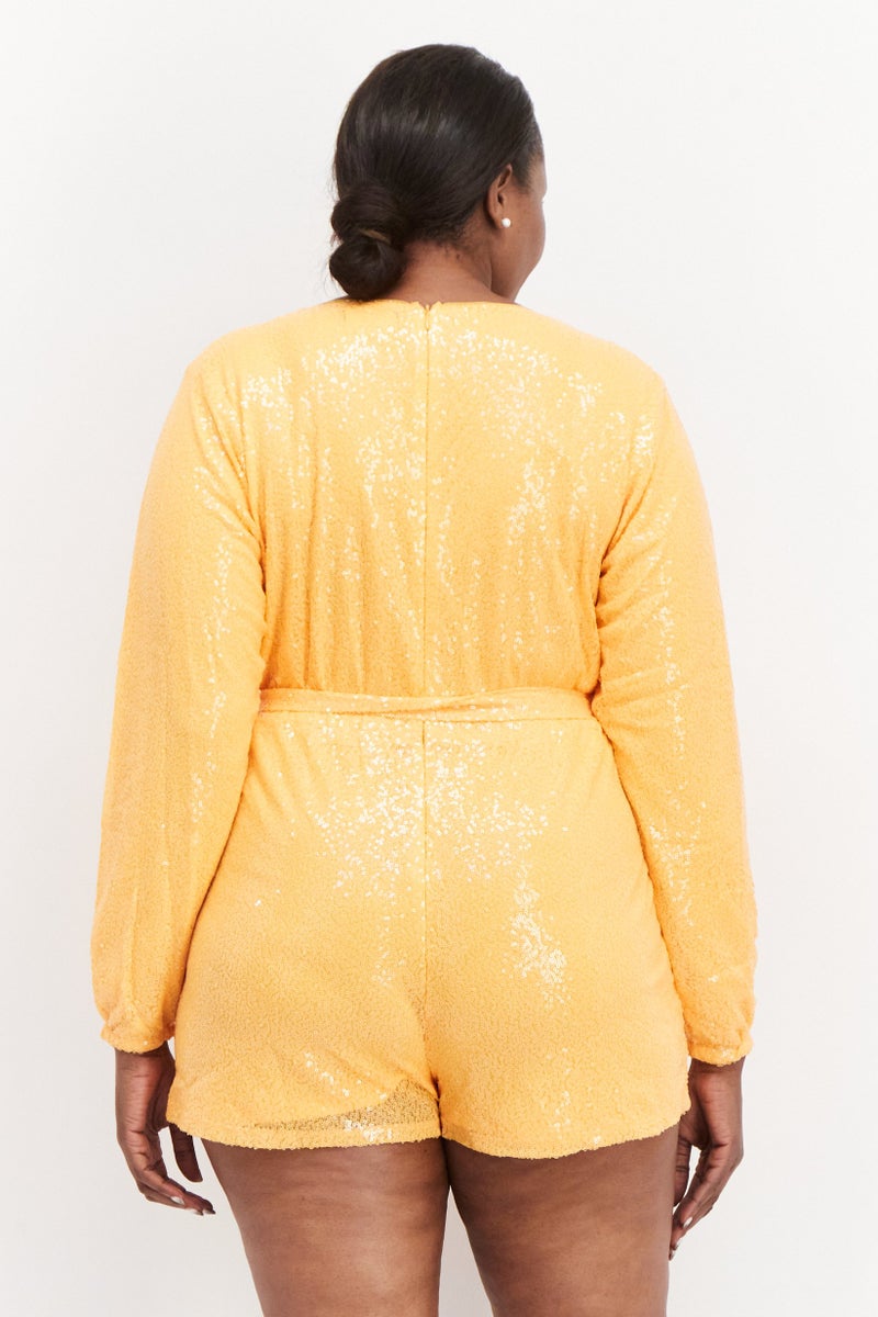 In the style Women Sequins Details Long Sleeves Belted Playsuit, Orange  - Image 3