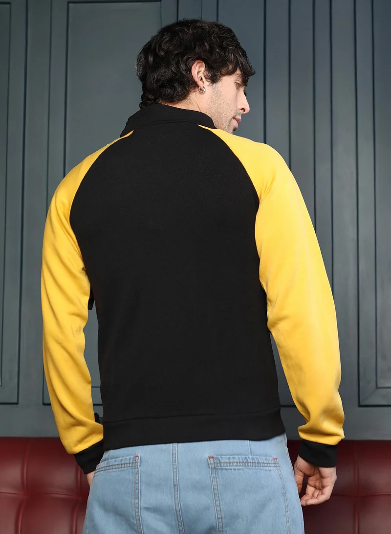 CAHOOT  Men's Obsidian Black & Lemon Yellow Side-Panelled Zip-Front Sweatshirt for Men | Best Price UAE