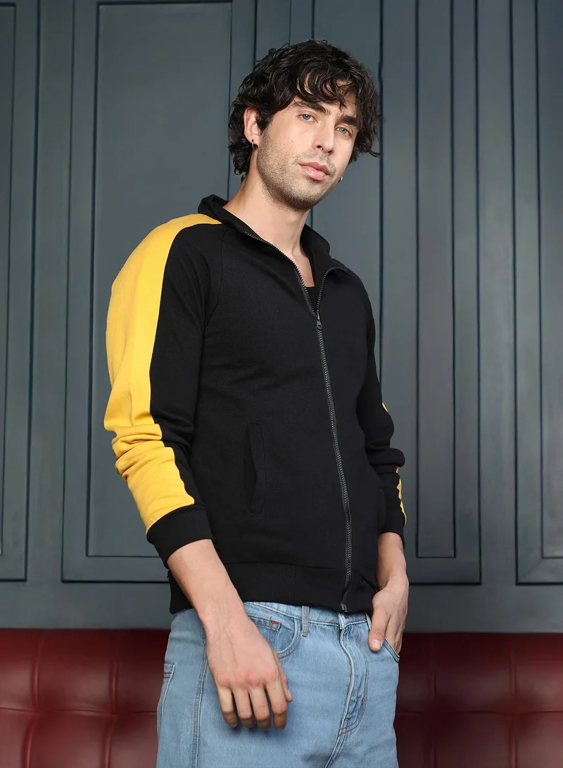 CAHOOT  Men's Obsidian Black & Lemon Yellow Side-Panelled Zip-Front Sweatshirt for Men | Best Price UAE
