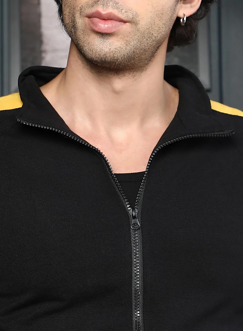CAHOOT  Men's Obsidian Black & Lemon Yellow Side-Panelled Zip-Front Sweatshirt for Men | Best Price UAE