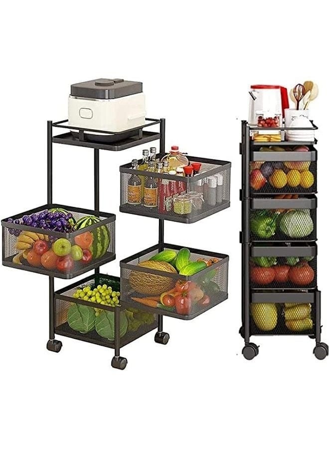 Arabest Multi-Layer Kitchen Storage Shelf, Rotating Multi-Layer Kitchen Storage Shelf, Rotatable Steel Rack 4 Movable Wheels Fruit Vegetable Snack Organizer Stand ,Fruit Vegetable Storage Basket, Movable Household Storage Rack for Kitchen Living Room Bathroom Toilet Black 77cm - Image 1