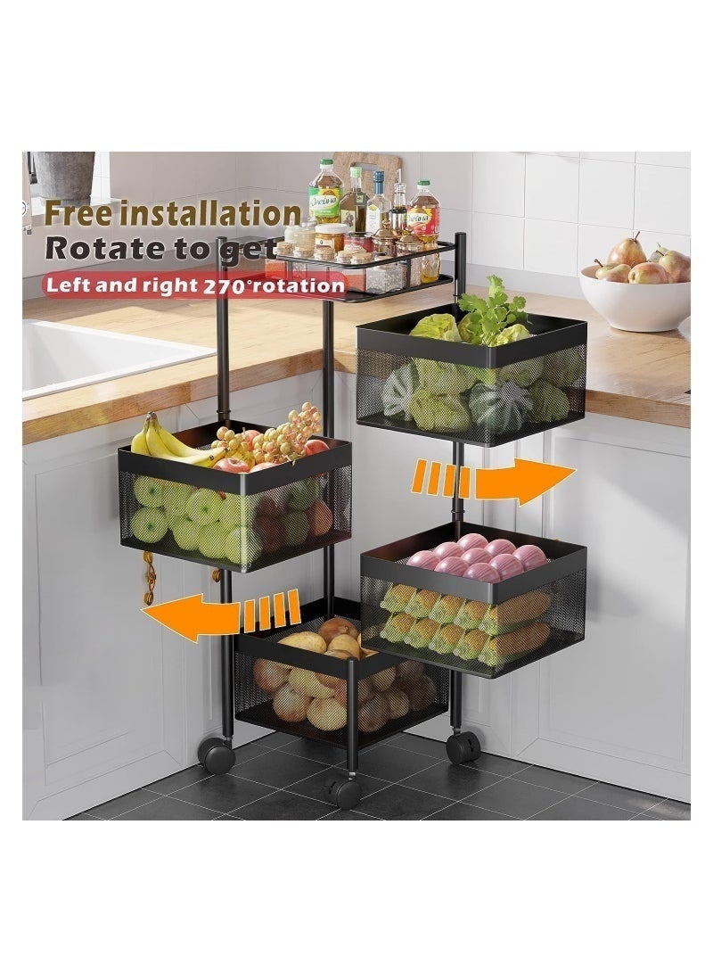 Arabest Multi-Layer Kitchen Storage Shelf, Rotating Multi-Layer Kitchen Storage Shelf, Rotatable Steel Rack 4 Movable Wheels Fruit Vegetable Snack Organizer Stand ,Fruit Vegetable Storage Basket, Movable Household Storage Rack for Kitchen Living Room Bathroom Toilet Black 77cm - Image 3
