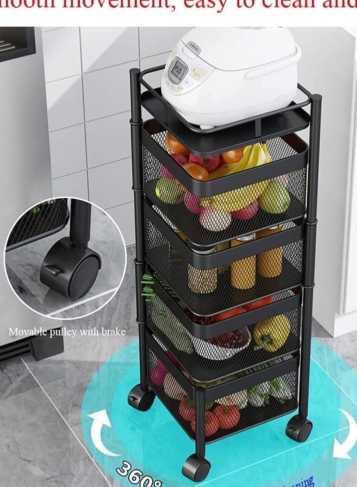 Arabest Multi-Layer Kitchen Storage Shelf, Rotating Multi-Layer Kitchen Storage Shelf, Rotatable Steel Rack 4 Movable Wheels Fruit Vegetable Snack Organizer Stand ,Fruit Vegetable Storage Basket, Movable Household Storage Rack for Kitchen Living Room Bathroom Toilet Black 77cm - Image 4