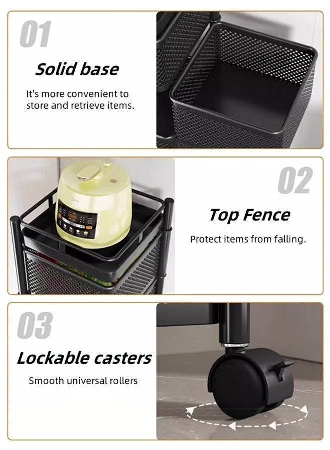 Arabest Multi-Layer Kitchen Storage Shelf, Rotating Multi-Layer Kitchen Storage Shelf, Rotatable Steel Rack 4 Movable Wheels Fruit Vegetable Snack Organizer Stand ,Fruit Vegetable Storage Basket, Movable Household Storage Rack for Kitchen Living Room Bathroom Toilet Black 77cm - Image 5