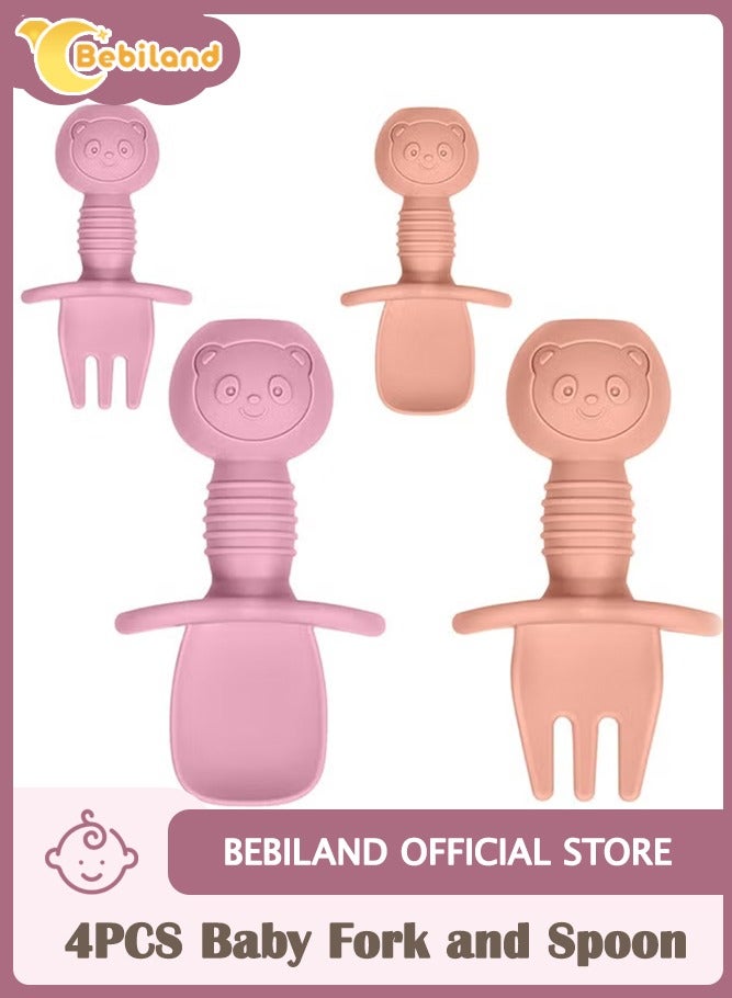 Bebiland 4PCS Baby Fork and Spoon Set, Silicone Self Feeding Utensil, Easy Grip Toddler Cutlery Kit, Baby Weaning and Feeding Spoons (Rose Red/Orange) - Image 1