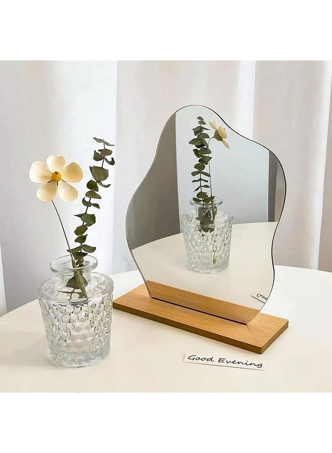 بيوينتي مرآة غير منتظمة ذات ديكور جمالي للغرفة، مرآة زينة أكريليك ذات ديكور جمالي للغرفة، مرآة مكياج بدون إطار، مرآة طاولة على شكل سحابة مع حامل خشبي قابل للفصل لغرفة المعيشة وغرفة النوم - Image 1