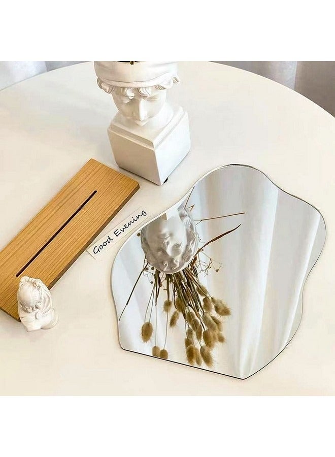 بيوينتي مرآة غير منتظمة ذات ديكور جمالي للغرفة، مرآة زينة أكريليك ذات ديكور جمالي للغرفة، مرآة مكياج بدون إطار، مرآة طاولة على شكل سحابة مع حامل خشبي قابل للفصل لغرفة المعيشة وغرفة النوم - Image 2