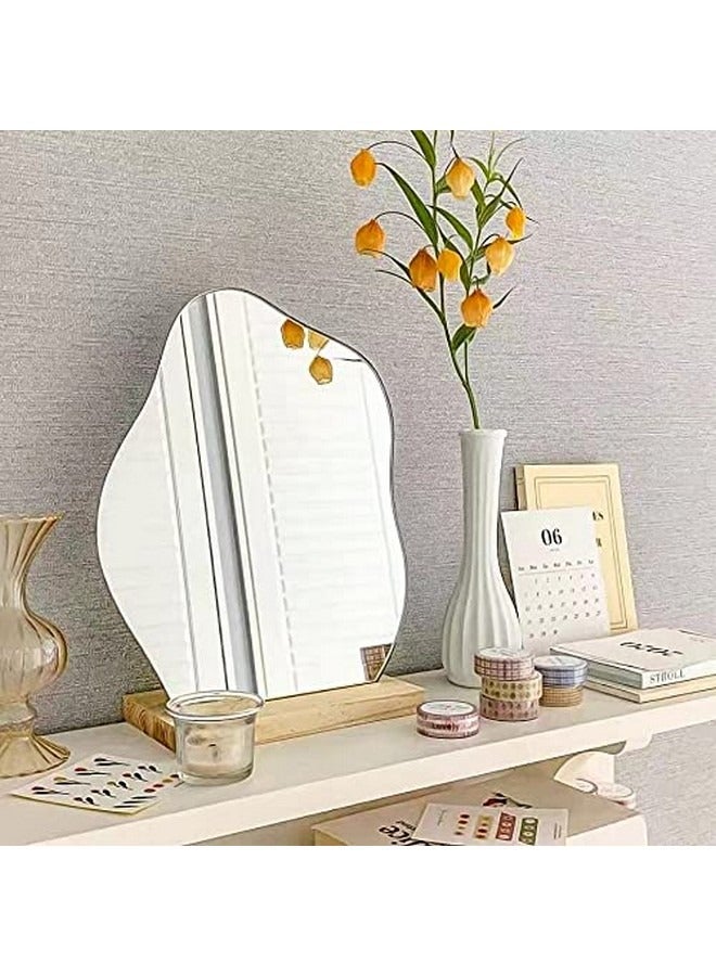 بيوينتي مرآة غير منتظمة ذات ديكور جمالي للغرفة، مرآة زينة أكريليك ذات ديكور جمالي للغرفة، مرآة مكياج بدون إطار، مرآة طاولة على شكل سحابة مع حامل خشبي قابل للفصل لغرفة المعيشة وغرفة النوم - Image 3