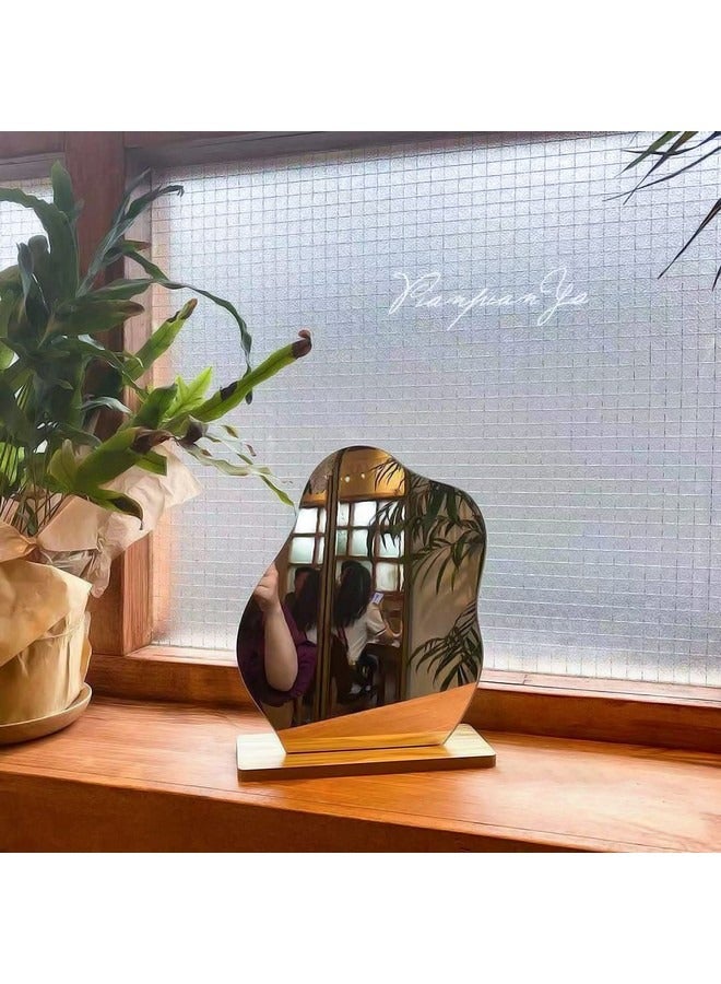 بيوينتي مرآة غير منتظمة ذات ديكور جمالي للغرفة، مرآة زينة أكريليك ذات ديكور جمالي للغرفة، مرآة مكياج بدون إطار، مرآة طاولة على شكل سحابة مع حامل خشبي قابل للفصل لغرفة المعيشة وغرفة النوم - Image 4