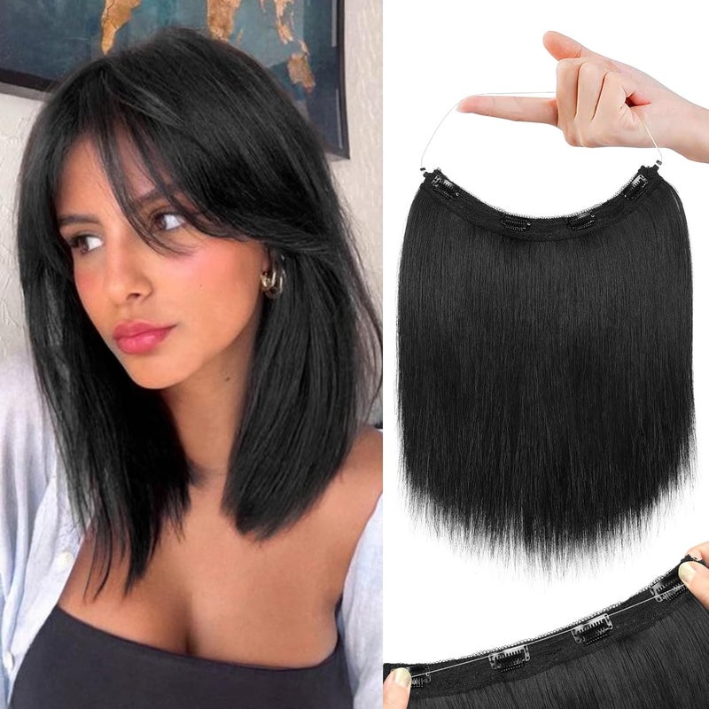 REECHO 12 Invisible Wire Hair Extensions with Thinner Softer Lace Weft Adjustable Size Removable Secure Clips in Short Straight Secret Hairpiece for Women  Black