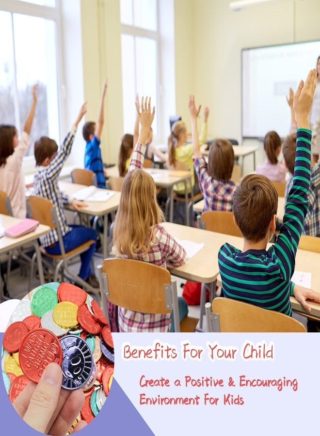 Geodurn 100 Pieces Smile Face Glod Coins, Colorful Plastic Reward Coins, for School Teacher Rewards and Behavior Incentives. Inscription Reading “I was Caught Being Good” on One Side - Image 4