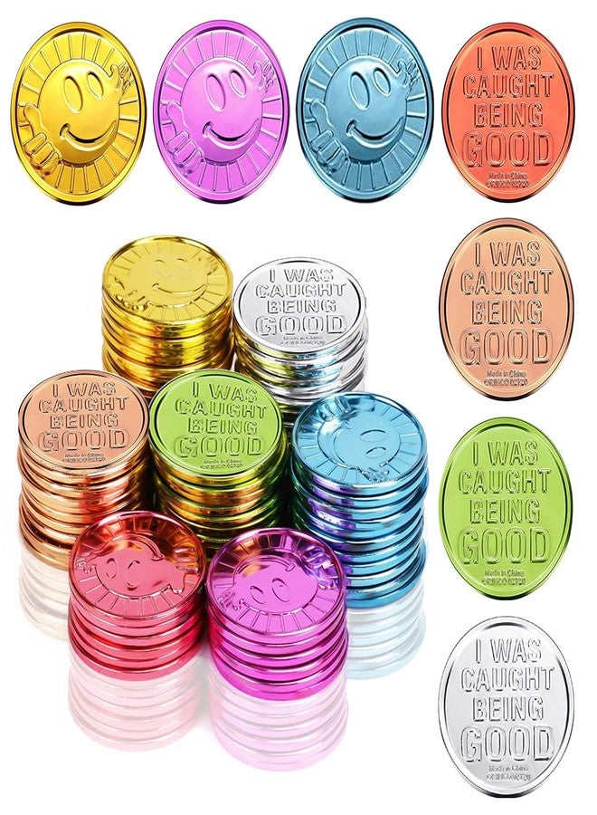 Geodurn 100 Pieces Smile Face Glod Coins, Colorful Plastic Reward Coins, for School Teacher Rewards and Behavior Incentives. Inscription Reading “I was Caught Being Good” on One Side - Image 1