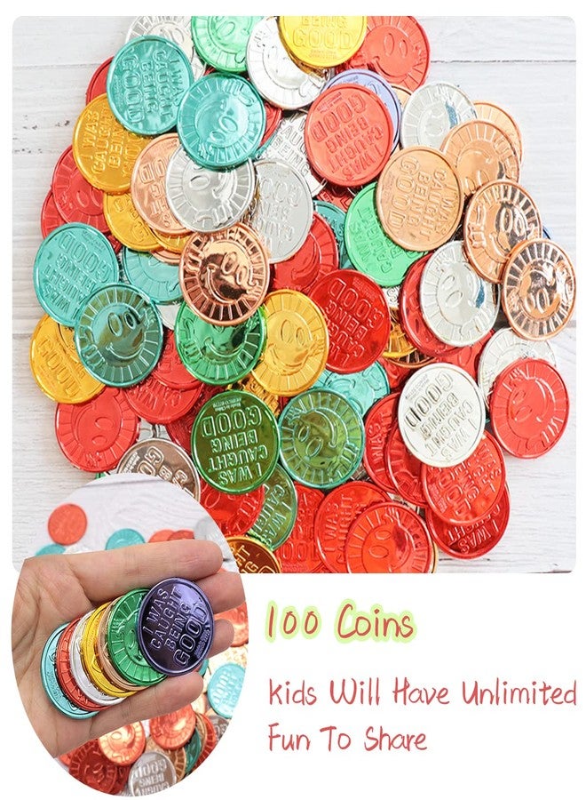 Geodurn 100 Pieces Smile Face Glod Coins, Colorful Plastic Reward Coins, for School Teacher Rewards and Behavior Incentives. Inscription Reading “I was Caught Being Good” on One Side - Image 3