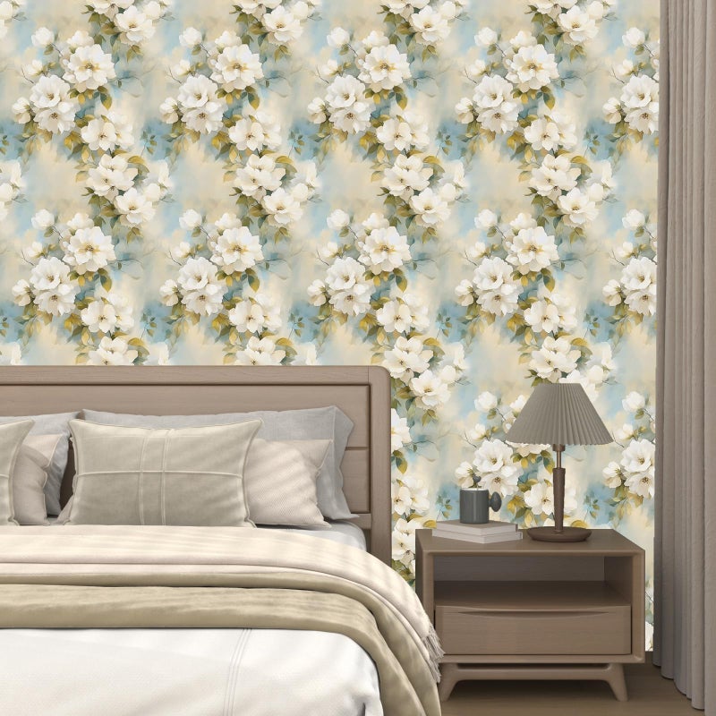 Laatse Floral Wallpaper Peel and Stick Vintage Beige Flowers Contact Paper Vinyl Waterproof Self Adhesive Removable Green leaf Modern Wall Murals for Bedroom Walls Shelves Cabinet Decoration 17.5" X 118" - Image 4