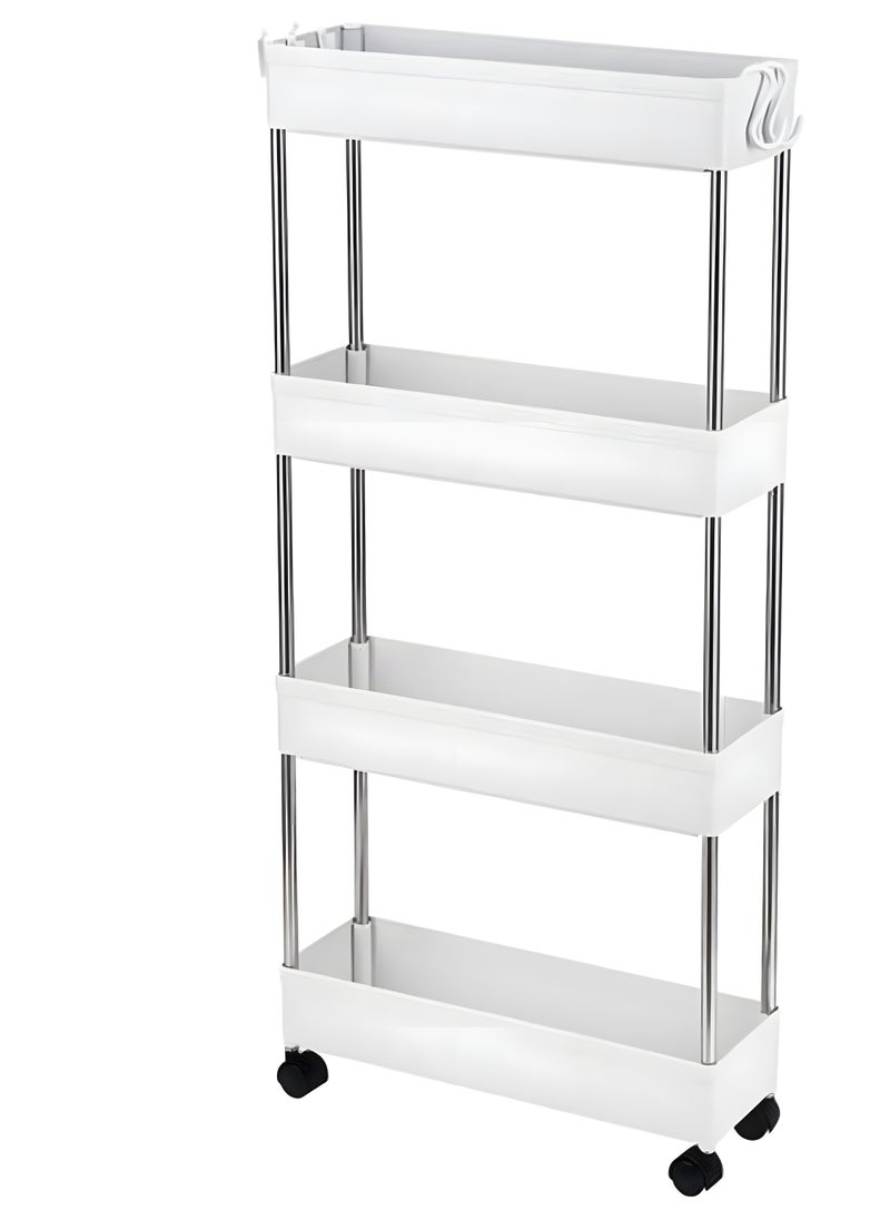BestStore - 4-Tier Slim Rolling Kitchen Trolley Storage  Cart Organizer with 4 Hooks Wheels for Mobility and Water derange Functional Shelves for Bathroom Office Bedroom - Image 1