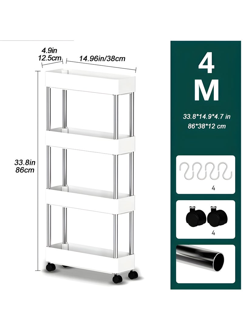 BestStore - 4-Tier Slim Rolling Kitchen Trolley Storage  Cart Organizer with 4 Hooks Wheels for Mobility and Water derange Functional Shelves for Bathroom Office Bedroom - Image 1