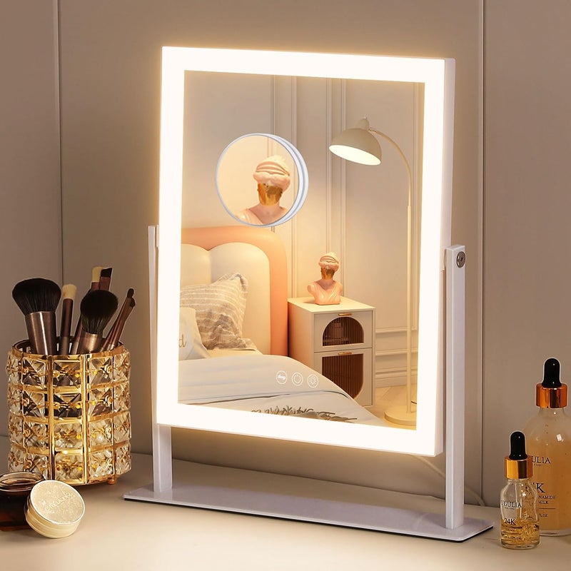 FENCHILIN Make-up Mirror with Lighting Hollywood Mirror 3 Colours Dimmable Light Mirror with Lighting Smart Touch Control 10x Magnification 360° Rotation White - Image 1