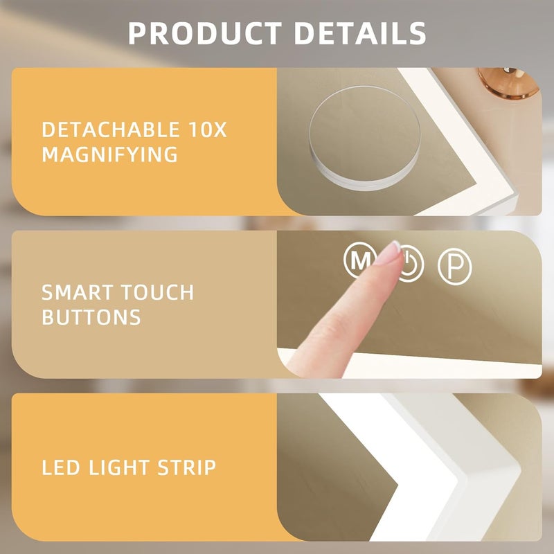 FENCHILIN Make-up Mirror with Lighting Hollywood Mirror 3 Colours Dimmable Light Mirror with Lighting Smart Touch Control 10x Magnification 360° Rotation White - Image 4