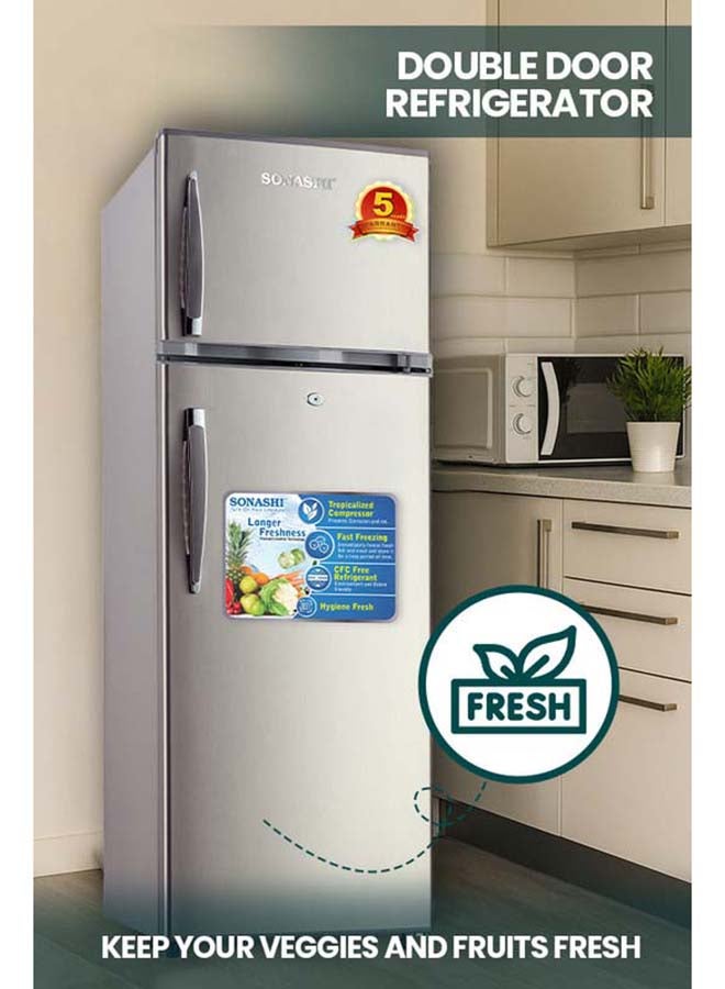 SONASHI Double Door Defrost Refrigerator 220L Gross with 148L Fridge & 58L Freezer, GMCC Compressor, Glass Shelves, Vegetable Crisper, Lock & Key, 3 Star, R600a SFD-260DF SFD-260DF Silver - Image 3