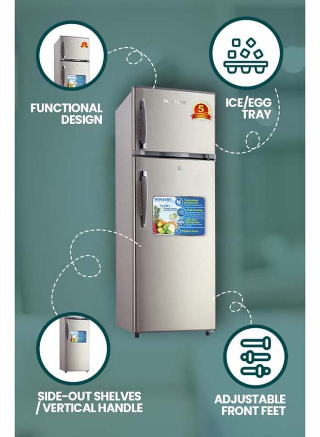 SONASHI Double Door Defrost Refrigerator 220L Gross with 148L Fridge & 58L Freezer, GMCC Compressor, Glass Shelves, Vegetable Crisper, Lock & Key, 3 Star, R600a SFD-260DF SFD-260DF Silver - Image 5