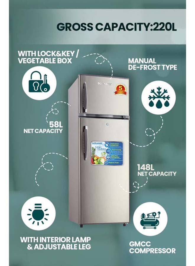 SONASHI Double Door Defrost Refrigerator 220L Gross with 148L Fridge & 58L Freezer, GMCC Compressor, Glass Shelves, Vegetable Crisper, Lock & Key, 3 Star, R600a SFD-260DF SFD-260DF Silver - Image 4