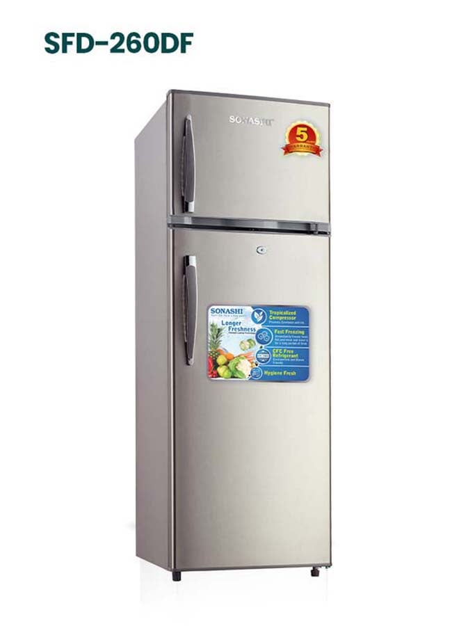 SONASHI Double Door Defrost Refrigerator 220L Gross with 148L Fridge & 58L Freezer, GMCC Compressor, Glass Shelves, Vegetable Crisper, Lock & Key, 3 Star, R600a SFD-260DF SFD-260DF Silver - Image 2