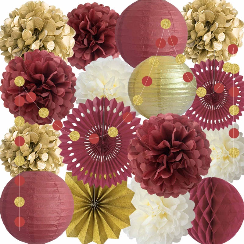 ANSOMO Burgundy and Gold Party Decorations Maroon Wine Dark Red Paper Fans Lanterns Tissue Pom Poms Wall Hanging Decor Supplies Bridal Baby Shower Birthday Wedding Graduation - Image 2