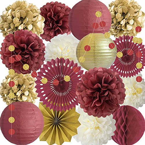ANSOMO Burgundy and Gold Party Decorations Maroon Wine Dark Red Paper Fans Lanterns Tissue Pom Poms Wall Hanging Decor Supplies Bridal Baby Shower Birthday Wedding Graduation - Image 1