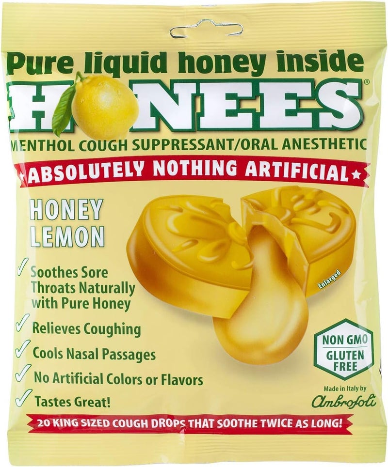 Honees Filled Menthol Lemon Cough Drop Honey Menthol Lemon Cough Drops Sore Throat Relief Nothing Artificial Natural Sore Throat Lozenges NonGMO Gluten Free 1 Pack 20 Drops - Image 1