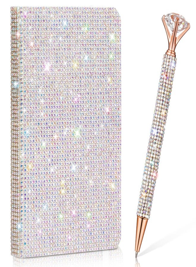 Resholder A6 Bling Pocket Notebook and Rhinestone Pen Sets Diamond Small Mini Leather Hardcover Notebook with 160 Pages, 3.7" x 5.5" (Silver) - Image 1